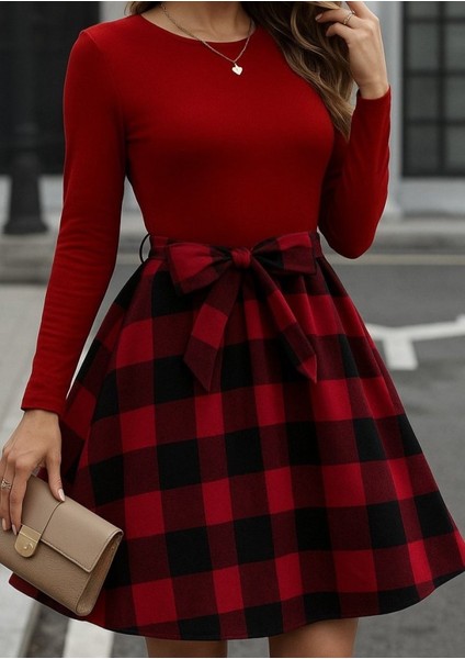 Meğdaix Kadın Uzun Kollu Bisiklet Yaka Üst Viskon Alt Ekose Kısa Elbise fiyatları