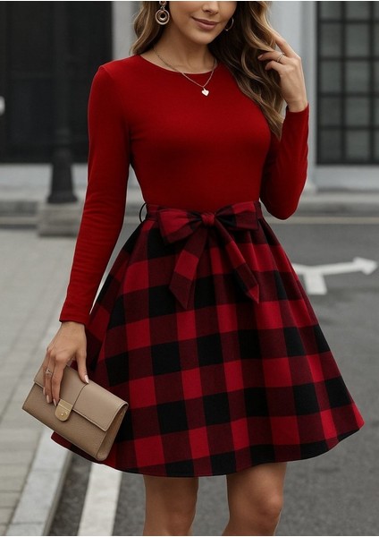 Meğdaix Kadın Uzun Kollu Bisiklet Yaka Üst Viskon Alt Ekose Kısa Elbise modelleri