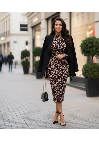 Meğdaix Kadın Uzun Kollu Balıkçı Yaka Leopar Desenli Midi Boy Elbise modelleri