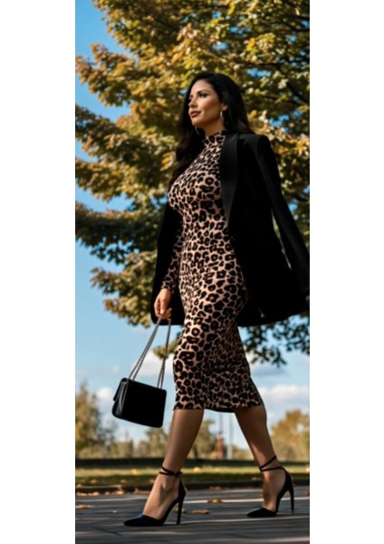 Meğdaix Kadın Uzun Kollu Balıkçı Yaka Leopar Desenli Midi Boy Elbise fırsatları