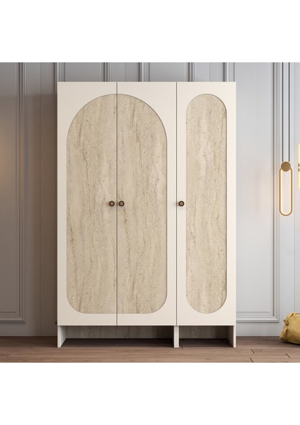 Münih 3 Kapaklı (14) Gardırop Krem / Traverten Mermer