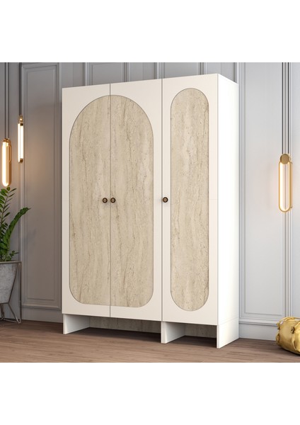 Münih 3 Kapaklı (14) Gardırop Krem / Traverten Mermer modelleri
