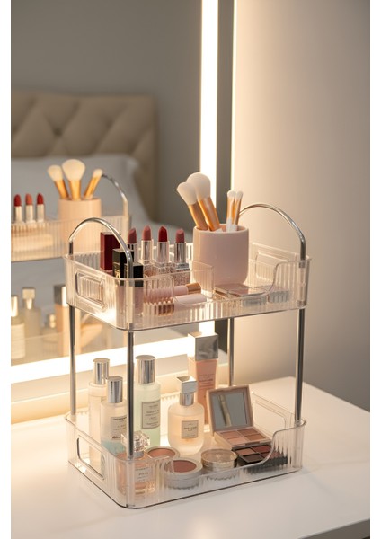 Iki Katlı Gümüş Detaylı Makyaj Organizeri | Kozmetik & Takı Düzenleyici fiyatları