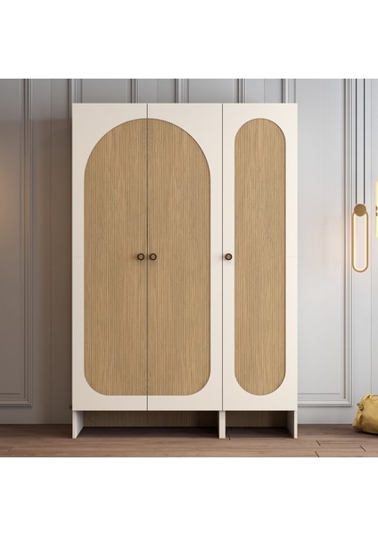 Münih 3 Kapaklı (14) Gardırop Krem / Gölge Çizgili Meşe