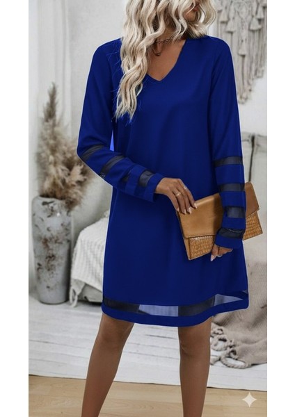 Meğdaix Kadın Uzun Kollu V Yakalı Tül Şerit Detaylı Mini Krep Elbise