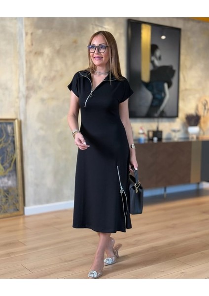 Meğdaix Kadın Kısa Kollu Yakadan ve Etekten Fermuarlı Midi Viskon Iki Iplik Elbise fiyatları