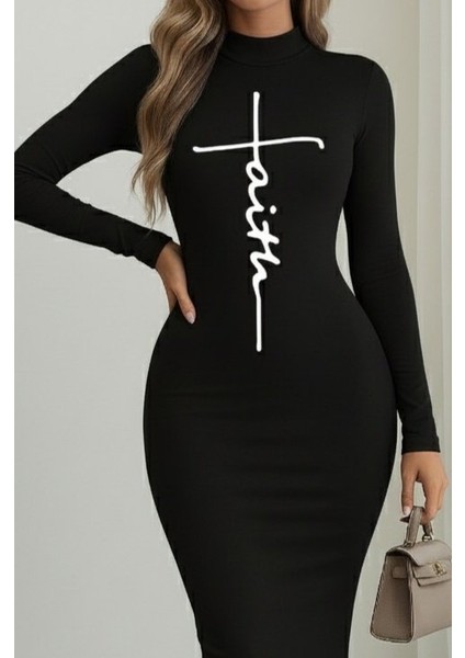 Meğdaix Kadın Uzun Kollu Boğazlı Baskı Detaylı Viskon Tam Boy Elbise fiyatları