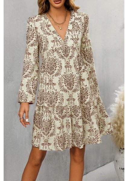 Meğdaix Kadın Uzun Kollu V Yakalı Fırfırlı Mini Süprem Elbise