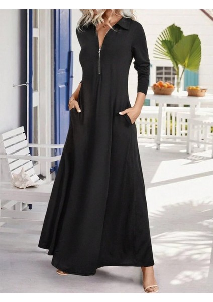 Meğdaix Kadın Uzun Kollu Yakalı Önden Fermuarlı Uzun Viskon Iki Iplik Elbise