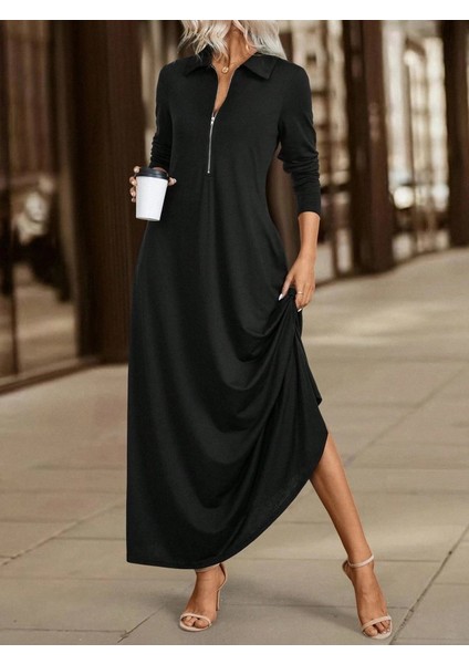 Meğdaix Kadın Uzun Kollu Yakalı Önden Fermuarlı Uzun Viskon Iki Iplik Elbise modelleri