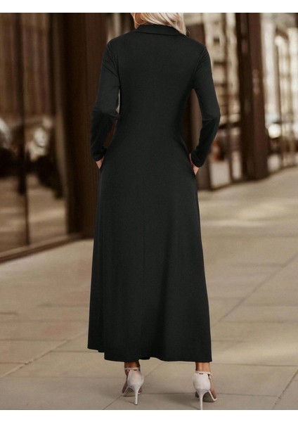 Meğdaix Kadın Uzun Kollu Yakalı Önden Fermuarlı Uzun Viskon Iki Iplik Elbise fırsatları