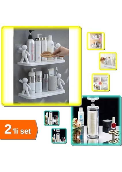 2'li Set Renkli Yapışkanlı Makyaj ve Baharatlık Rafı, Pamuğu Organizeri