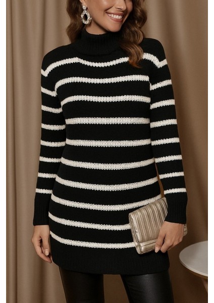 Meğdaix Kadın Uzun Kollu Degaje Yaka Çizgili Sonya Iplik Mini Boy Triko Elbise (Kemersiz) modelleri