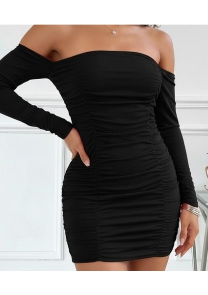 Meğdaix Kadın Uzun Kollu Omuzlardan Açık Takma Kollu Büzgülü Sandy Kısa Elbise fiyatları