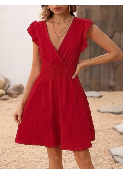 Meğdaix Kadın Kısa Kollu Kruvaze Yakalı Beli Lastikli Aerobin Elbise fırsatları