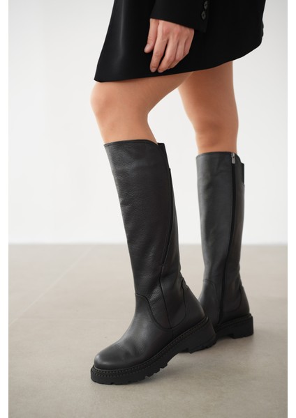 Calvea Hakiki Deri Arkadan Lastikli Yandan Fermuarlı Kadın Çizme- Siyah Floter