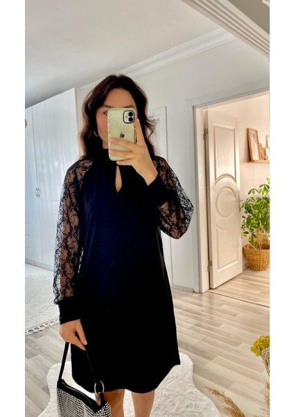 Meğdaix Kadın Uzun Kollu Damla Detaylı Sandy Mini Elbise