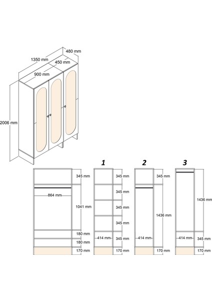 Münih 3 Kapaklı (23) Gardırop Krem / Traverten Mermer