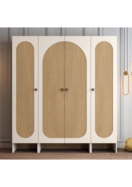 Münih 4 Kapaklı (414) Gardırop Krem / Gölge Çizgili Meşe