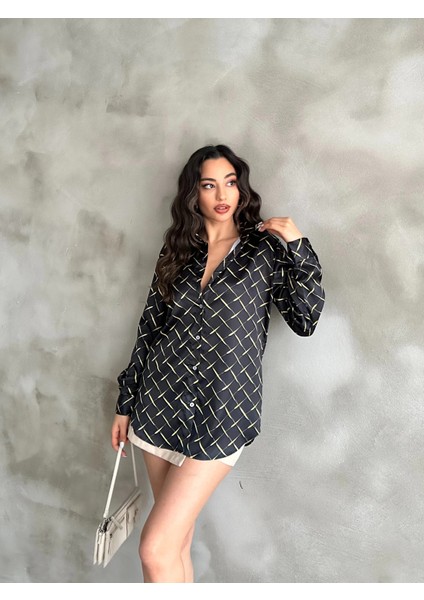 Sarı Çizgi Desen Saten Oversize Gömlek