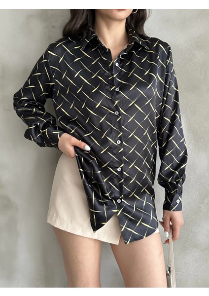Sarı Çizgi Desen Saten Oversize Gömlek fiyatları