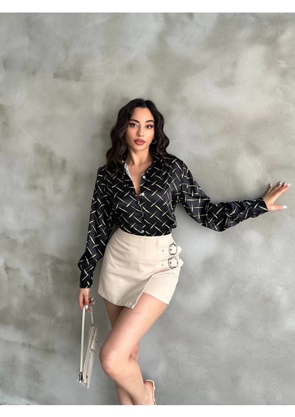 Sarı Çizgi Desen Saten Oversize Gömlek modelleri
