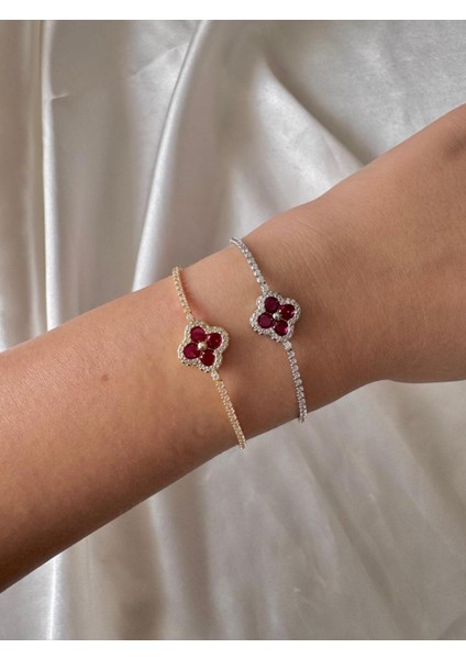 Kırmızı Yoncalı Taşlı Bileklik