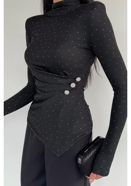 Kadın Dik Yaka Omuz Vatkalı Taşlı Bluz P-00019258