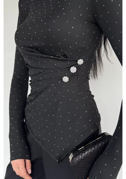 Kadın Dik Yaka Omuz Vatkalı Taşlı Bluz P-00019258 fiyatları