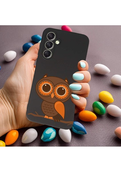 Samsung Galaxy A24 ile Uyumlu Baykuş (0214A) Tasarımlı Siyah Lansman Silikon Kılıf modelleri