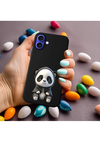 iPhone 16 Plus ile Uyumlu Sevimli Panda (0214D) Tasarımlı Siyah Lansman Kılıf modelleri