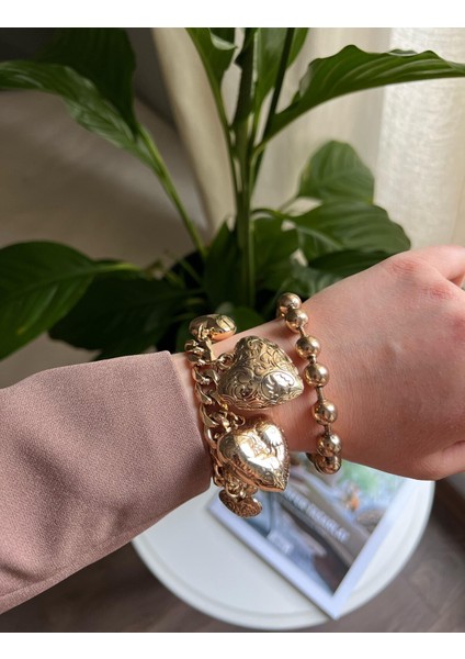 Vintage ve Retro Kalp Charmlı Detaylı Zincirli 2 Li Bileklik