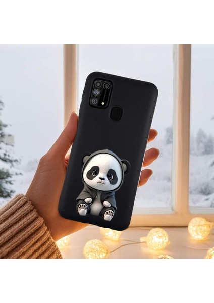 Samsung Galaxy M31 ile Uyumlu Sevimli Panda (0214D) Tasarımlı Siyah Lansman Kılıf