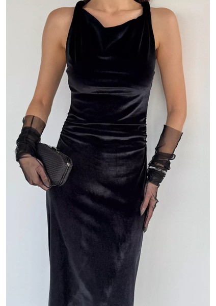 Kadın Bel Büzgü Detaylı Likralı Kadife Elbise P-00019256 fırsatları