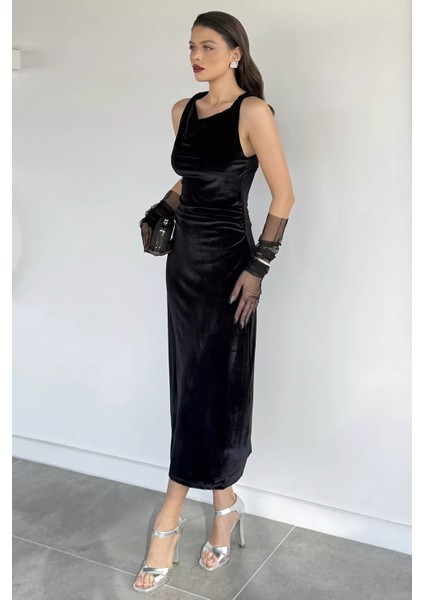 Kadın Bel Büzgü Detaylı Likralı Kadife Elbise P-00019256 indirimleri