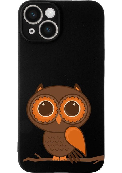 iPhone 14 ile Uyumlu Baykuş (0214A) Tasarımlı Siyah Lansman Silikon Kılıf