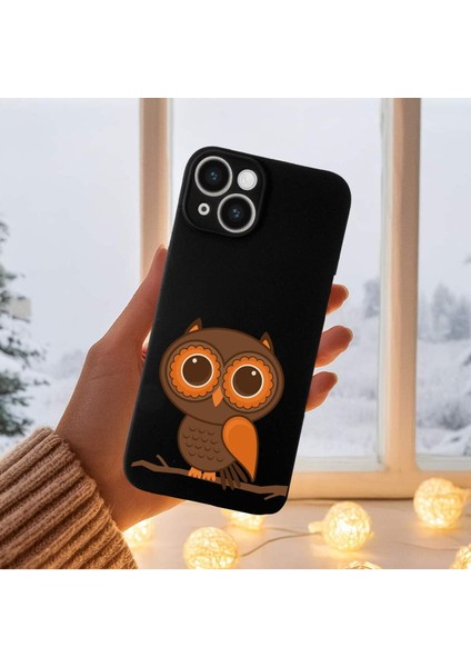 iPhone 14 ile Uyumlu Baykuş (0214A) Tasarımlı Siyah Lansman Silikon Kılıf