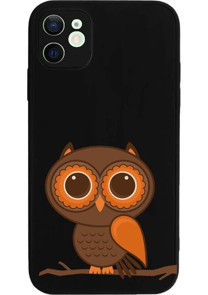 iPhone 12 Mini ile Uyumlu Baykuş (0214A) Tasarımlı Siyah Lansman Silikon Kılıf