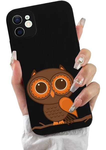 iPhone 12 Mini ile Uyumlu Baykuş (0214A) Tasarımlı Siyah Lansman Silikon Kılıf fiyatları