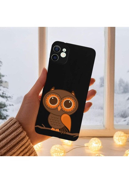 iPhone 12 Mini ile Uyumlu Baykuş (0214A) Tasarımlı Siyah Lansman Silikon Kılıf