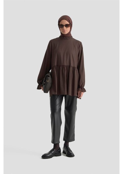 Fırfırlı Balon Kollu Tunik 25KD9018 Acı Kahve modelleri