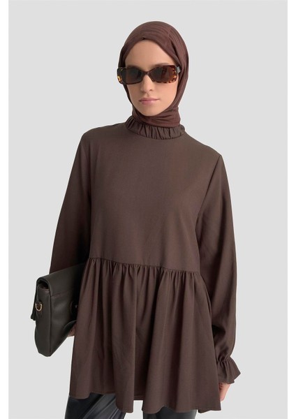 Fırfırlı Balon Kollu Tunik 25KD9018 Acı Kahve fırsatları