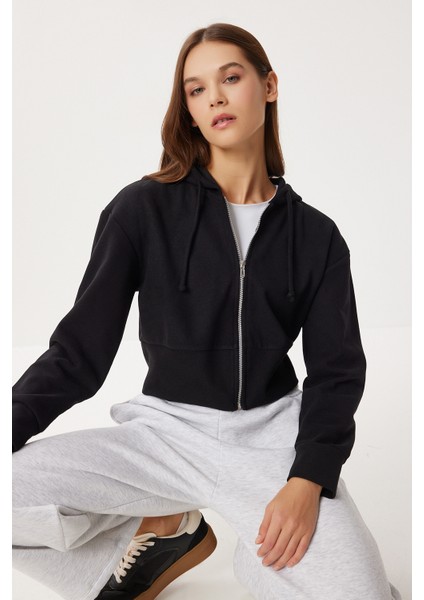 Kapüşonlu Fermuarlı Selanik Sweatshirt LXA0025 Siyah