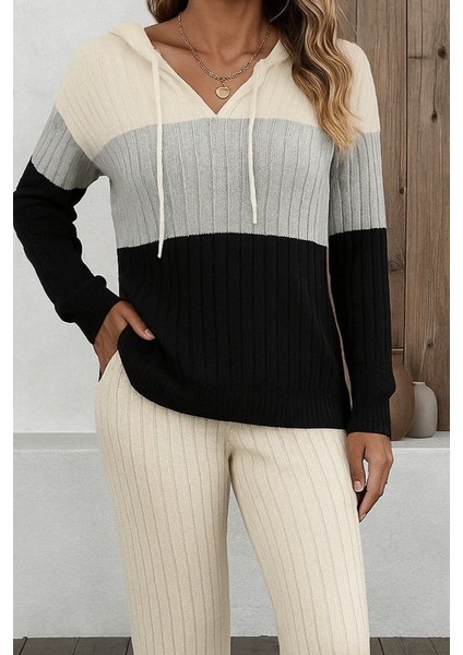 Meğdaix Kadın Uzun Kollu Kapşonlu Bağcıklı Blok Renkli Şardonlu Kaşkorse Bluz ve Pantolon Ikili Takım fiyatları