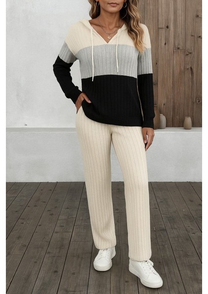 Meğdaix Kadın Uzun Kollu Kapşonlu Bağcıklı Blok Renkli Şardonlu Kaşkorse Bluz ve Pantolon Ikili Takım modelleri