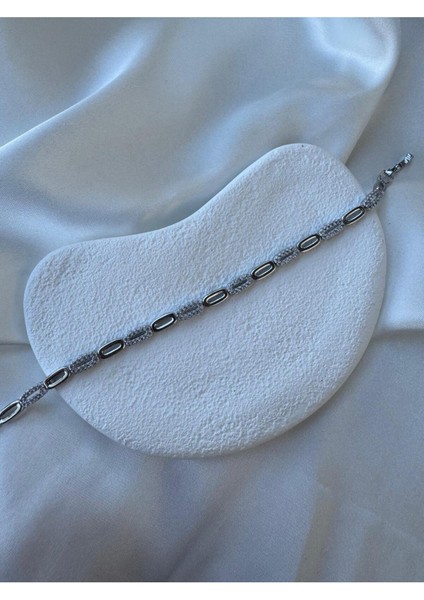 Vip Taşlı Oval Dörtgen Silver Bileklik