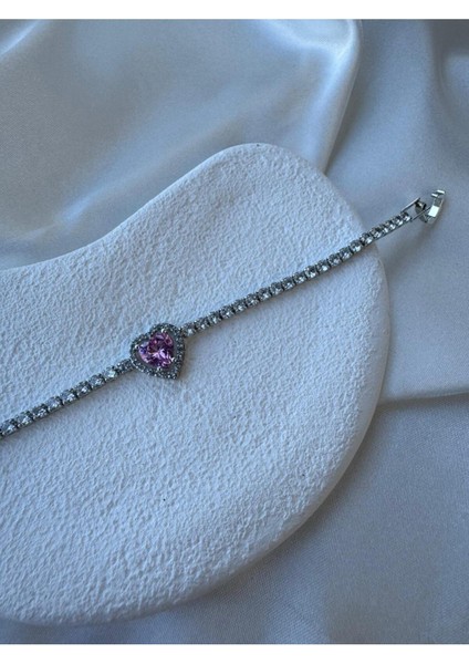 Rodyum Kaplama Pembe Taşlı Kalp Zirkon Taşlı Suyolu Bileklik fiyatları