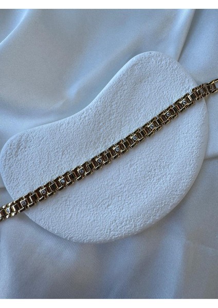 Özel Seri Zirkon Taşlı Yatay Dikdörtgen Tasarım Gold Bileklik