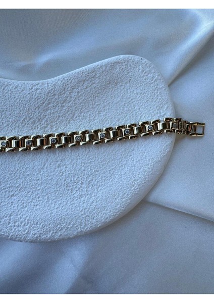 Özel Seri Zirkon Taşlı Yatay Dikdörtgen Tasarım Gold Bileklik fiyatları