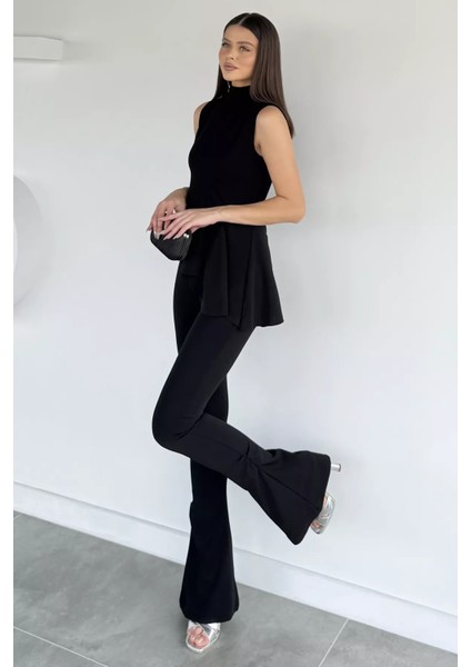 Kadın Dik Yaka Bluz Bel Lastikli Paça Büzgülü Pantolon Ikili Takım P-00019255